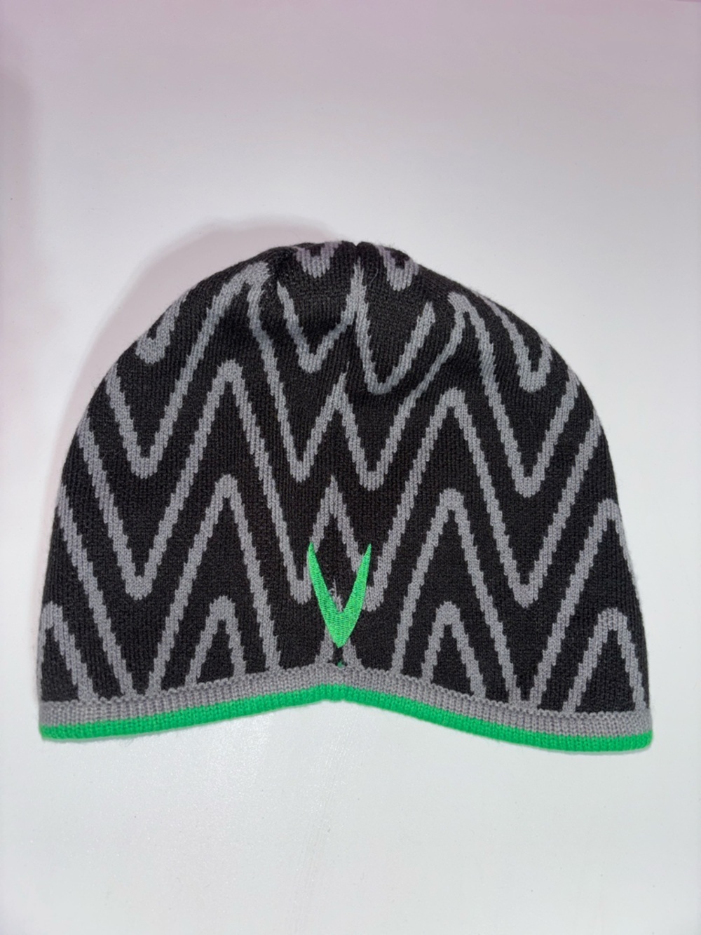 Men's Black & Gray Zigzag Knit Beanie with Bright Green Accent